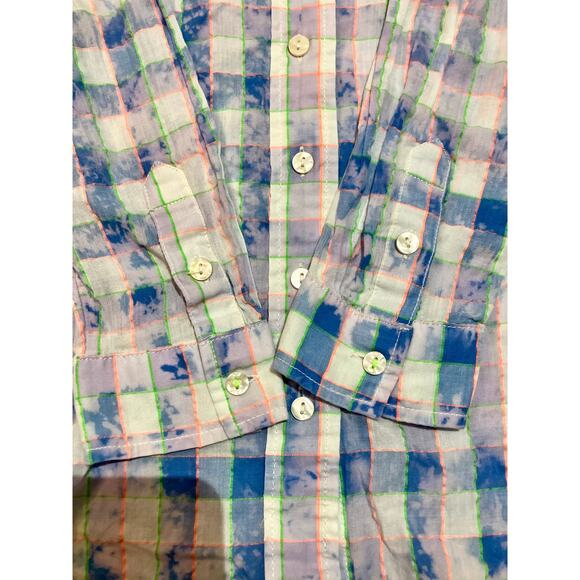 Anthropologie Blue & Neon Check Lightweight Button Down Shirt Womens Size XS. - Picture 6 of 8